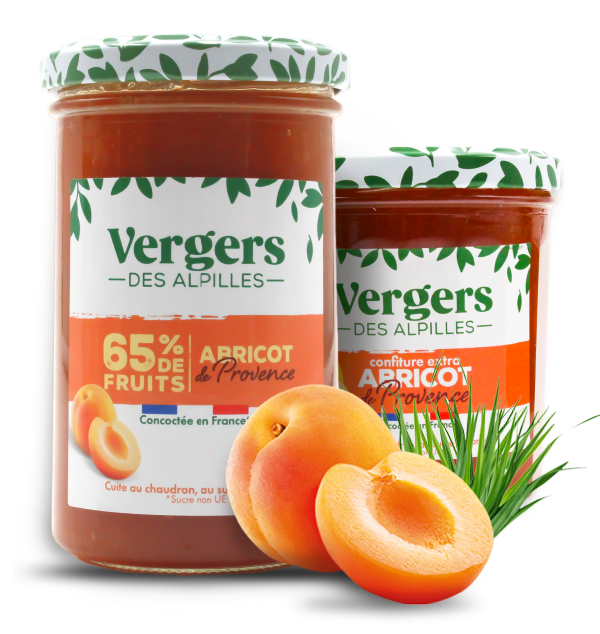 packshot de l'abricot de Provence en format Extra et en format 65% de fruits donc plus fruitée et moins sucrée avec un fruit et de l'herbe décoratifs
