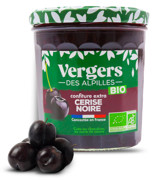 Packshot de la confiture Extra bio Cerise noire de la marque Vergers des Alpilles avec des fruits